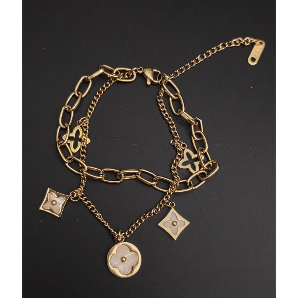 Clover Mother of Pearl Gold Plated Stainless Steel Bracelet Size 7" &2" Extender